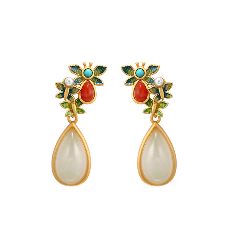 Buddha Stones Water Drop White Jade Red Agate Butterfly Protection Drop Dangle Earrings