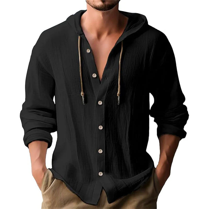 Buddha Stones Solid Color Long Sleeve Hooded Drawstring Buttons Linen Men's Shirt