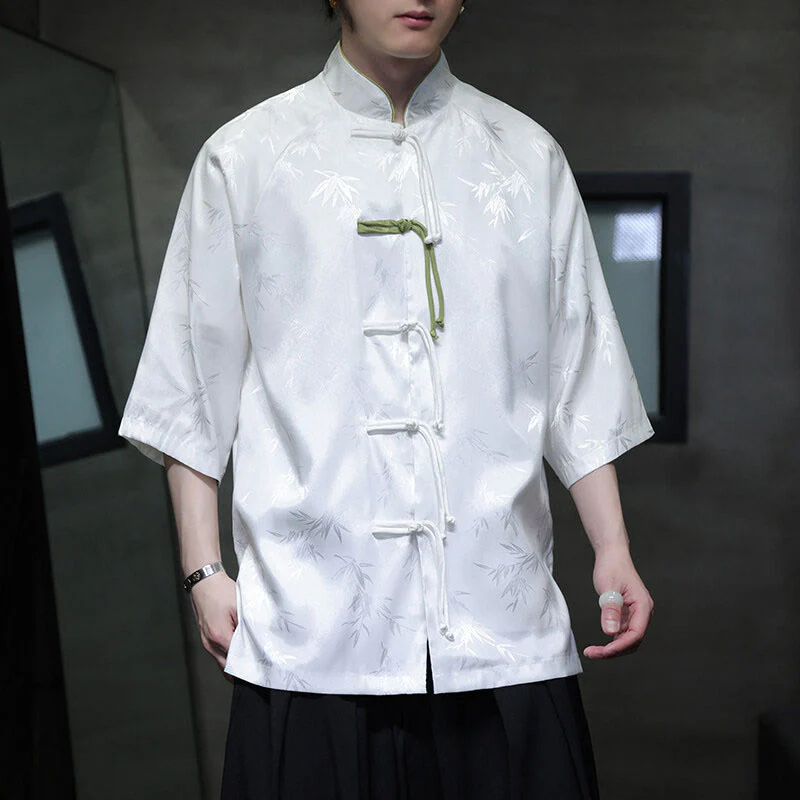 Buddha Stones Jacquard Bamboo Pattern Chinese Frog-Button Stand Collar Tang Suit Men's Cotton Shirt