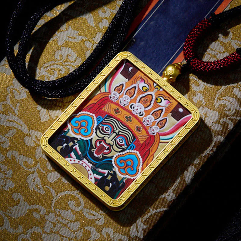 Buddha Stones Tibetan Zakiram Nine Tailed Fox Yellow God of Wealth Painted Thangka Hope Necklace Pendant