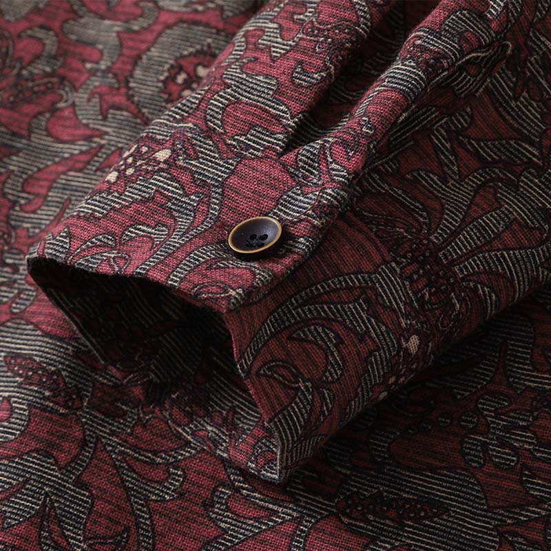 Buddha Stones Brown Retro Printing Floral Pattern Lapel Cotton Linen Midi Dress With Pockets