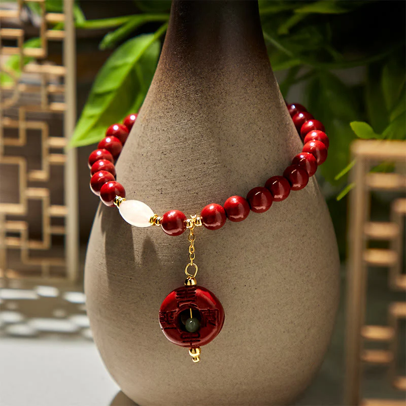 Buddha Stones Natural Cinnabar Peace Buckle Charm Blessing Bracelet