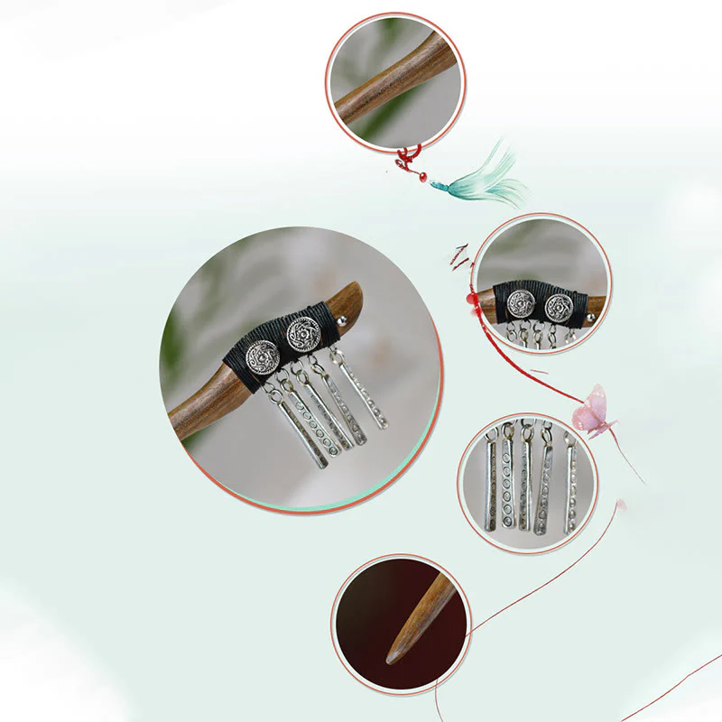 Buddha Stones Silver Tassel Green Sandalwood Soothing Hairpin