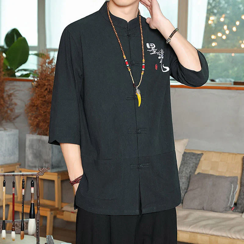 Buddha Stones Frog-Button Chinese Tang Suit Three Quarter Sleeve Cotton Linen Men's Shirt