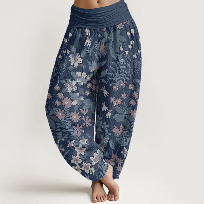 Buddha Stones Casual Daisy Flowers Leaves Design Women's Elastic Waist Harem Pants