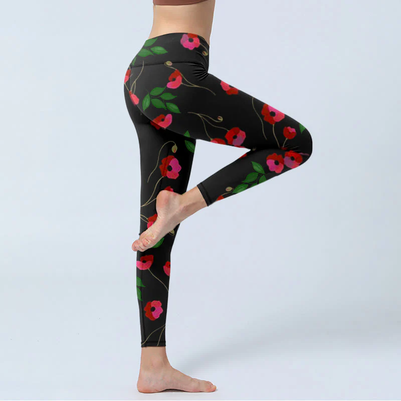 Buddha Stones Vibrant Red Flowers Green Leaves Print Gym Leggings Women's Yoga Pants