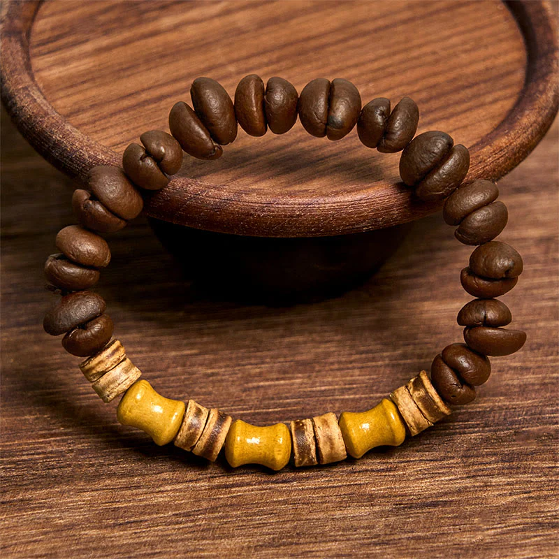 Buddha Stones Handmade Natural Coffee Beans Coconut Shell Bamboo Jade Positive Bracelet