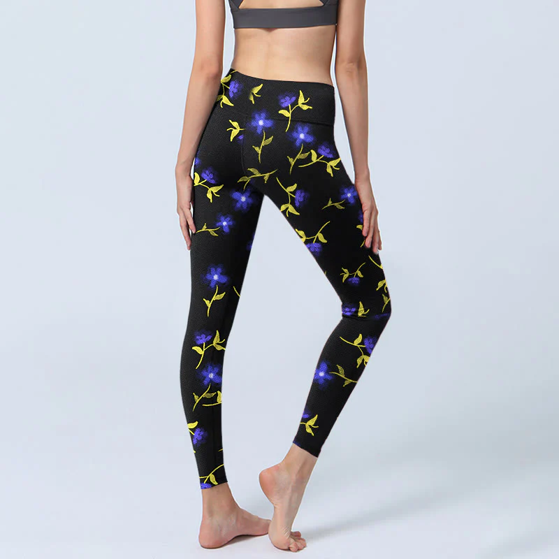 Buddha Stones Blue Flower Leaves Pattern Print Gym Leggings Women's Yoga Pants