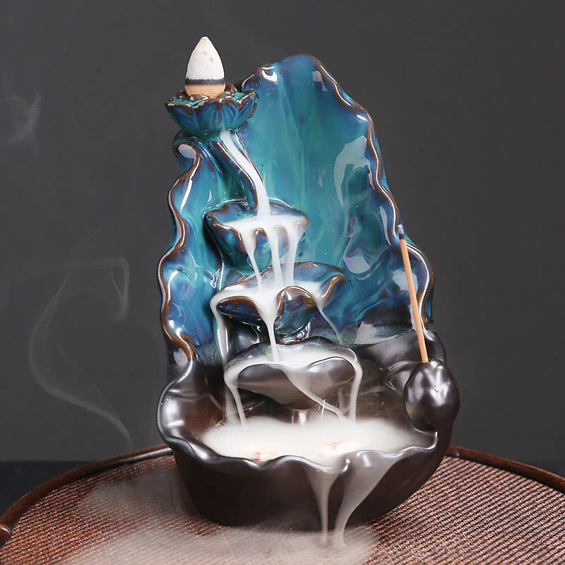 Buddha Stones Blue Lotus Leaf Ceramic Backflow Smoke Fountain Spiritual Incense Burner Decoration