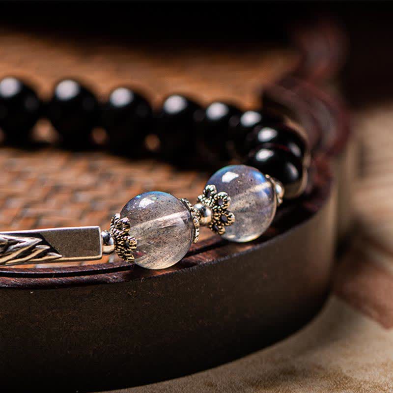 Buddha Stones 925 Sterling Silver Obsidian Moonstone Strength Couple Bracelet