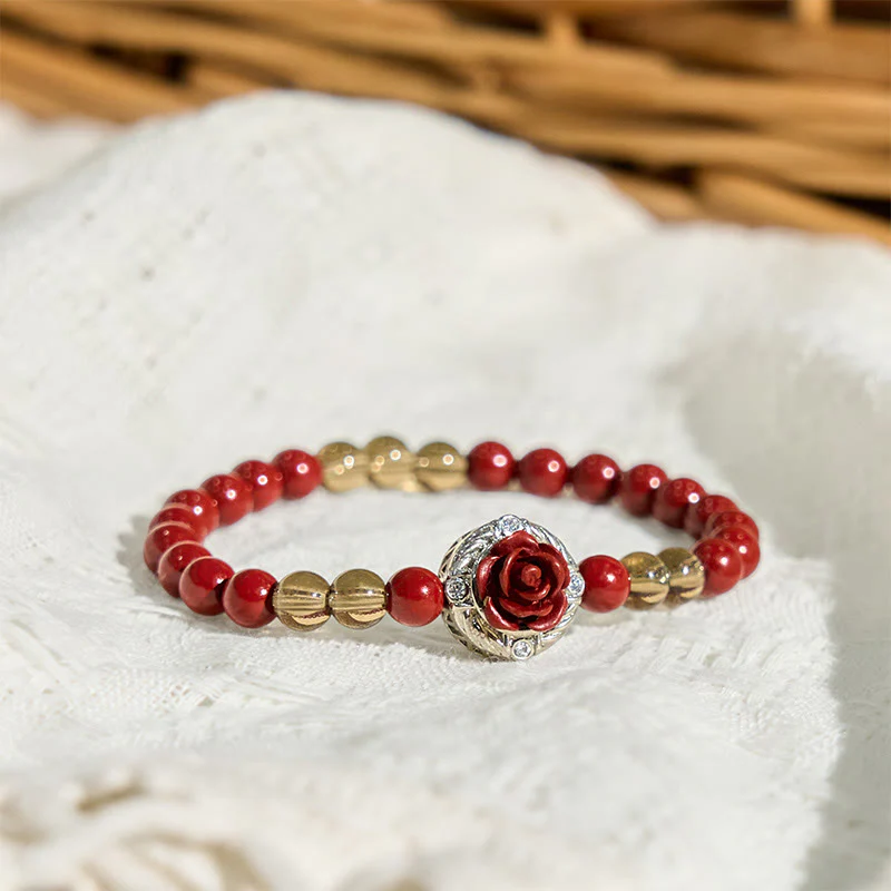Buddha Stones Cinnabar Angora Red Shell Pearl Rose Petals Calm Bracelet