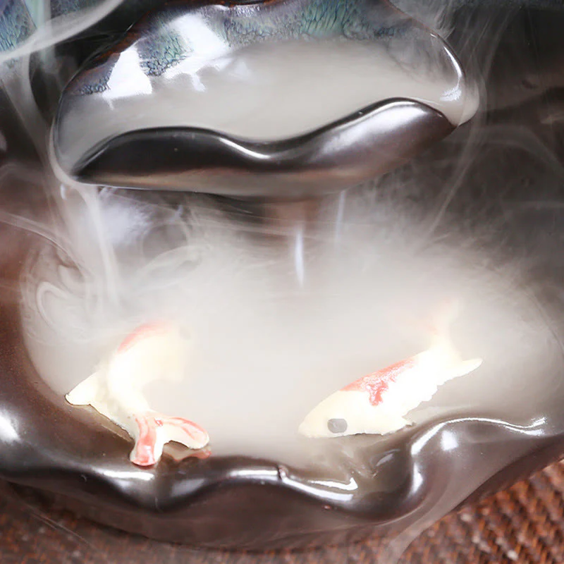 Buddha Stones Blue Lotus Leaf Ceramic Backflow Smoke Fountain Spiritual Incense Burner Decoration