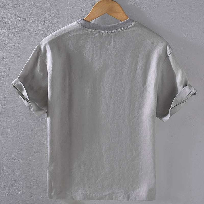 Buddha Stones Casual Simple Design Crew Neck Men's Short Sleeve Linen Shirt With Pocket