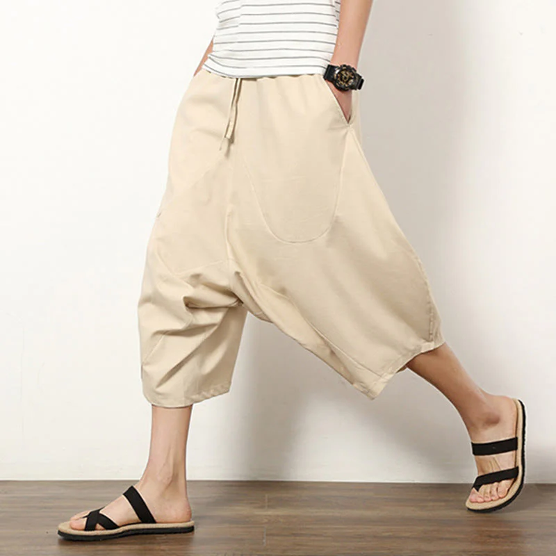 Buddha Stones Spring Plain Simple Patchwork Design Drawstring Cotton Linen Men's 7-8 Length Wide Leg Pants With Pockets