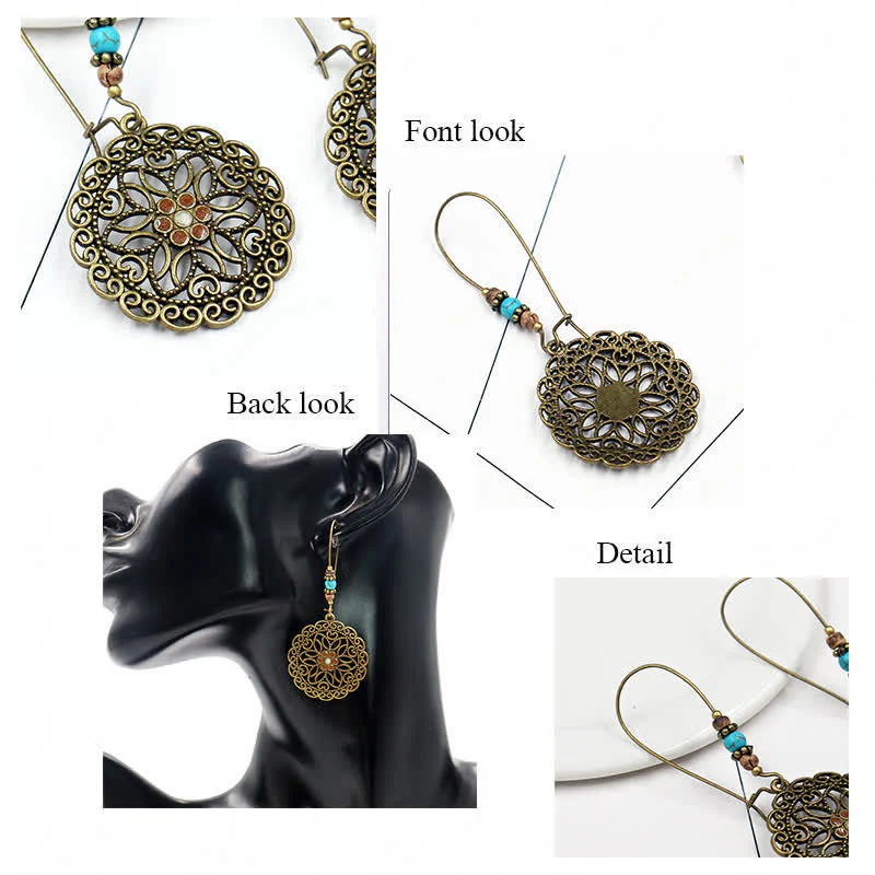 Buddha Stones Round Flower Design Luck Dangle Drop Earrings