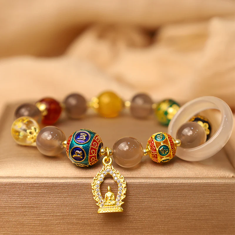 Buddha Stones Natural Gray Agate Five Directions Gods of Wealth Om Mani Padme Hum Buddha Charm Bracelet