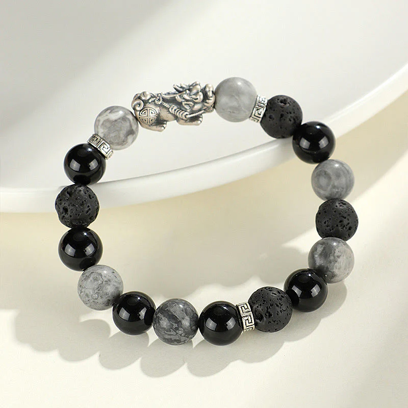 Buddha Stones 999 Sterling Silver PiXiu Black Onyx Grey Jasper Lava Rock Protection Bracelet