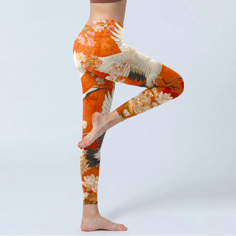 Buddha Stones Red-Crowned Crane Cherry Blossom Lotus Flower Pattern Print Gym Leggings Women's Yoga Pants