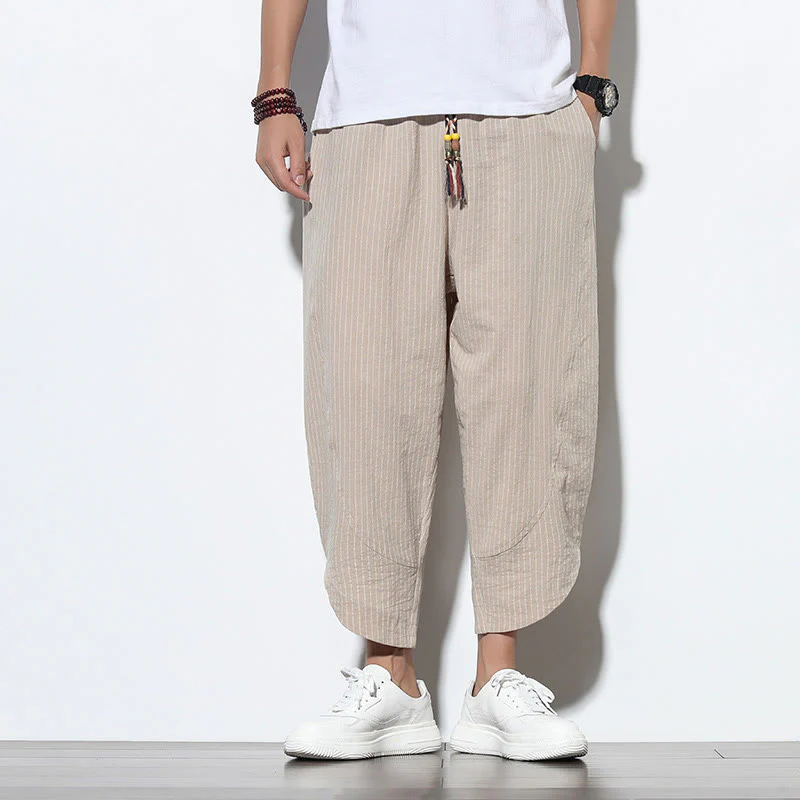 Buddha Stones Summer Stripes Pattern Drawstring Cotton Linen Men's 7-8 Length Harem Pants With Pockets