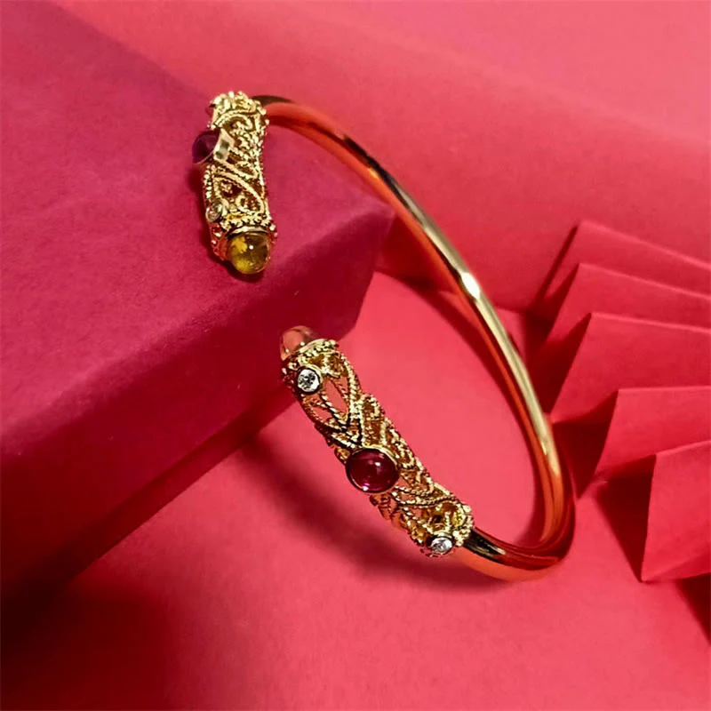 Buddha Stones Golden Flower Pattern Red Zircon Amber Copper Luck Cuff Bracelet Bangle