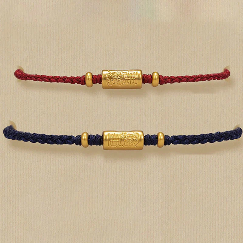 Buddha Stones 999 Gold Good Luck Amulet Carved Design Handmade Strength Braided Rope Bracelet