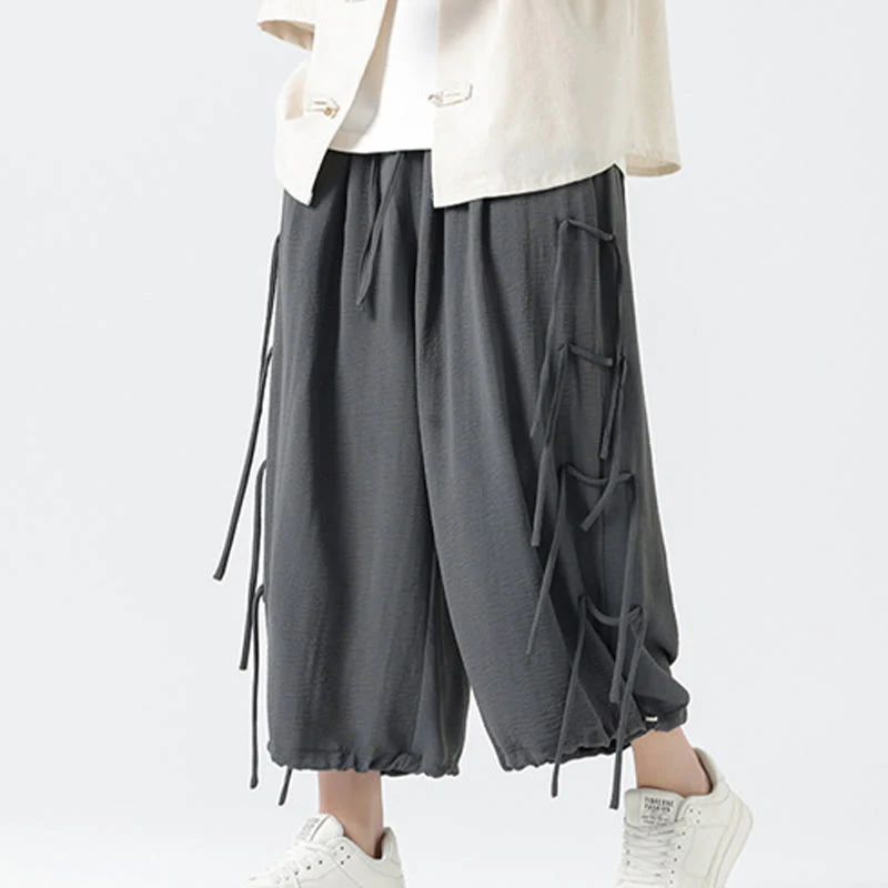 Buddha Stones Casual Loose Lanyard Design Waist Rope Men's 7-8 Length Spandex Pants With Pockets