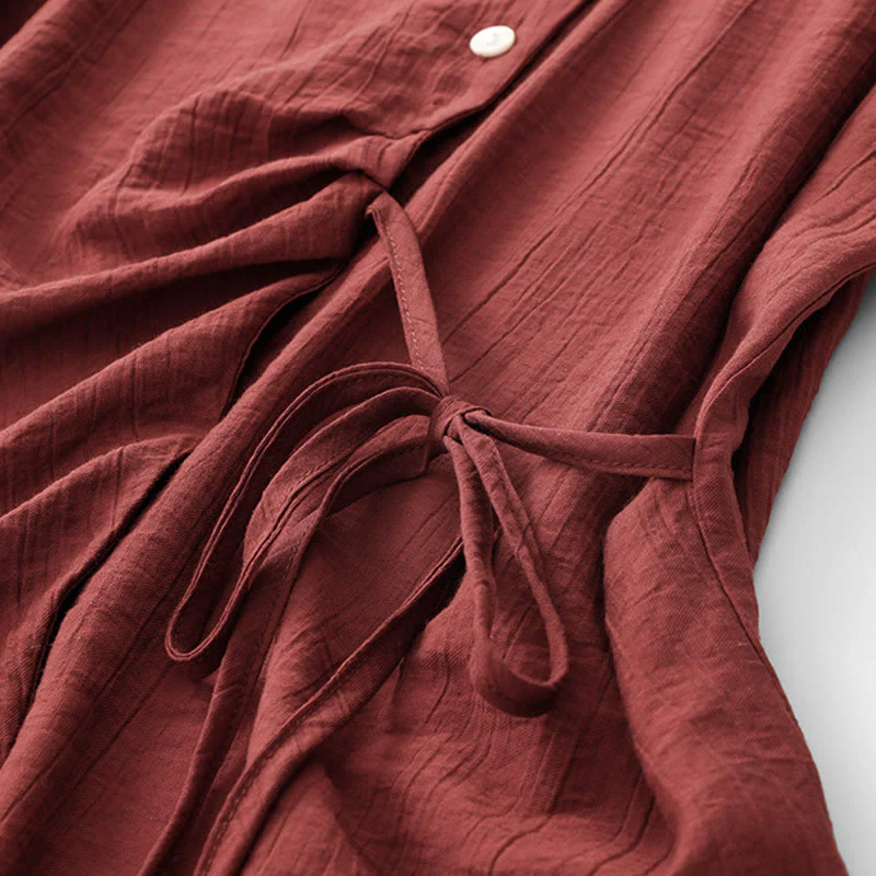 Buddha Stones Casual Plain Asymmetrical Lace-Up Design Puff Short Sleeve Women's Cotton Shirt