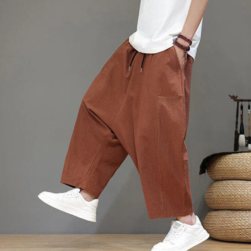 Buddha Stones Casual Plain Low Crotch Design Drawstring Men's Cotton Elastic Waistband Wide Leg Pants With Pockets