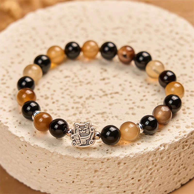 Buddha Stones 925 Sterling Silver Tortoiseshell Cat Light Brown Striped Agate Black Onyx Bracelet