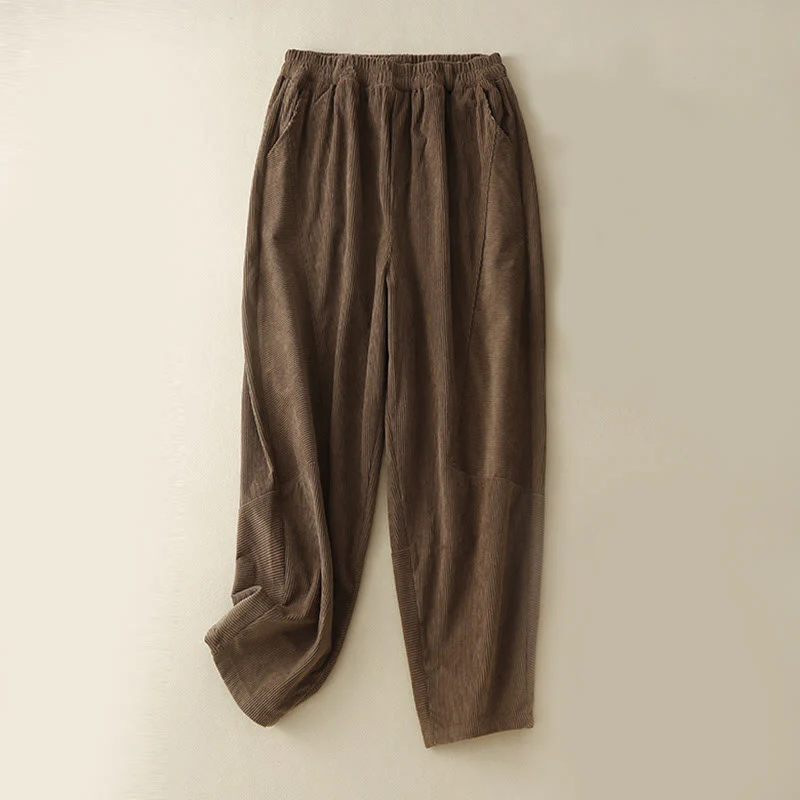 Buddha Stones Commute Vintage Plain Women's Corduroy Cotton Harem Pants With Pockets