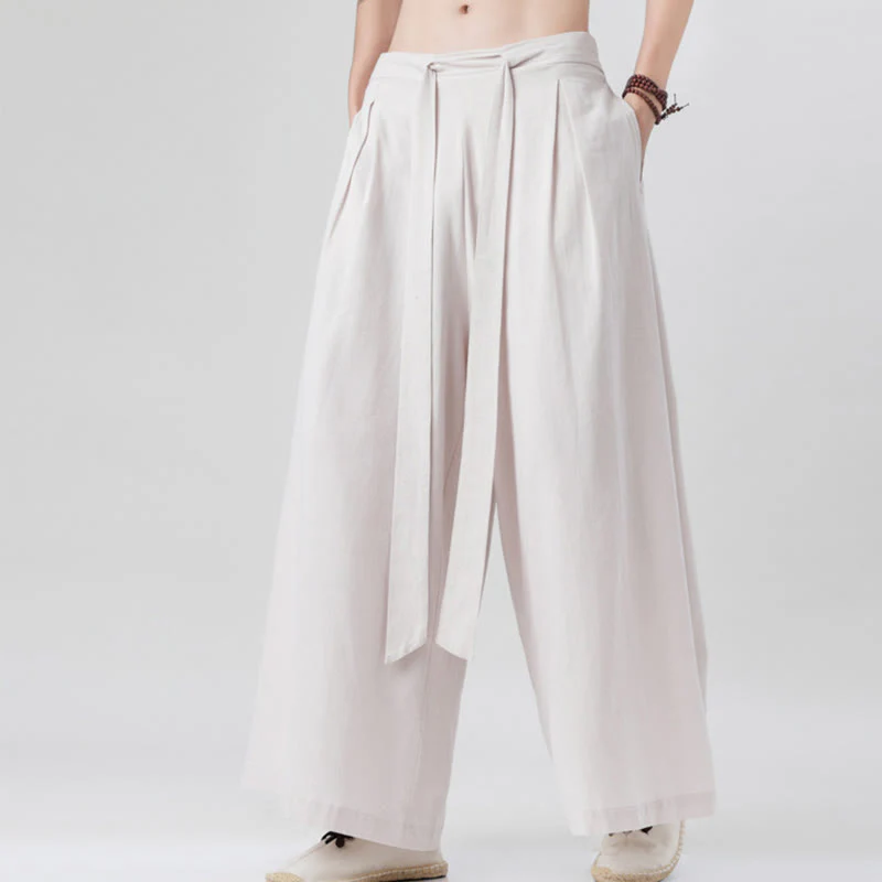 Buddha Stones Spring Casual Sports Drawstring Design Men's Cotton Linen Wide Leg Pants With Pockets