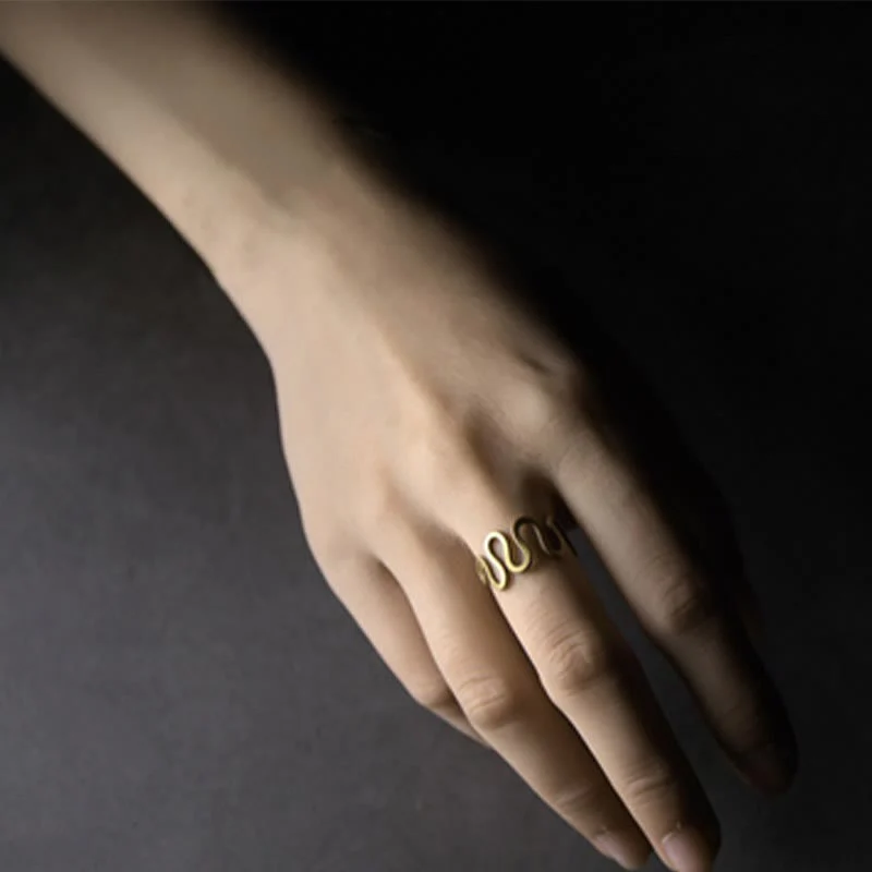 Buddha Stones Simple Curved Brass Design Copper Luck Wealth Adjustable Ring