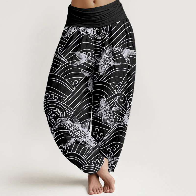 Buddha Stones Koi Fish Wave Pattern Women's Elastic Waist Harem Pants