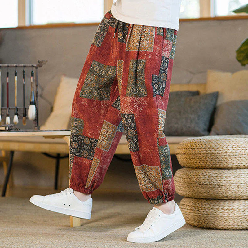 Buddha Stones Summer Square Patchwork Cotton Linen Men's Ankle-Length Harem Pants With Pockets