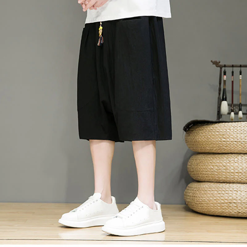 Buddha Stones Casual Drawstring Cotton Linen Men's Capri Harem Pants With Pockets
