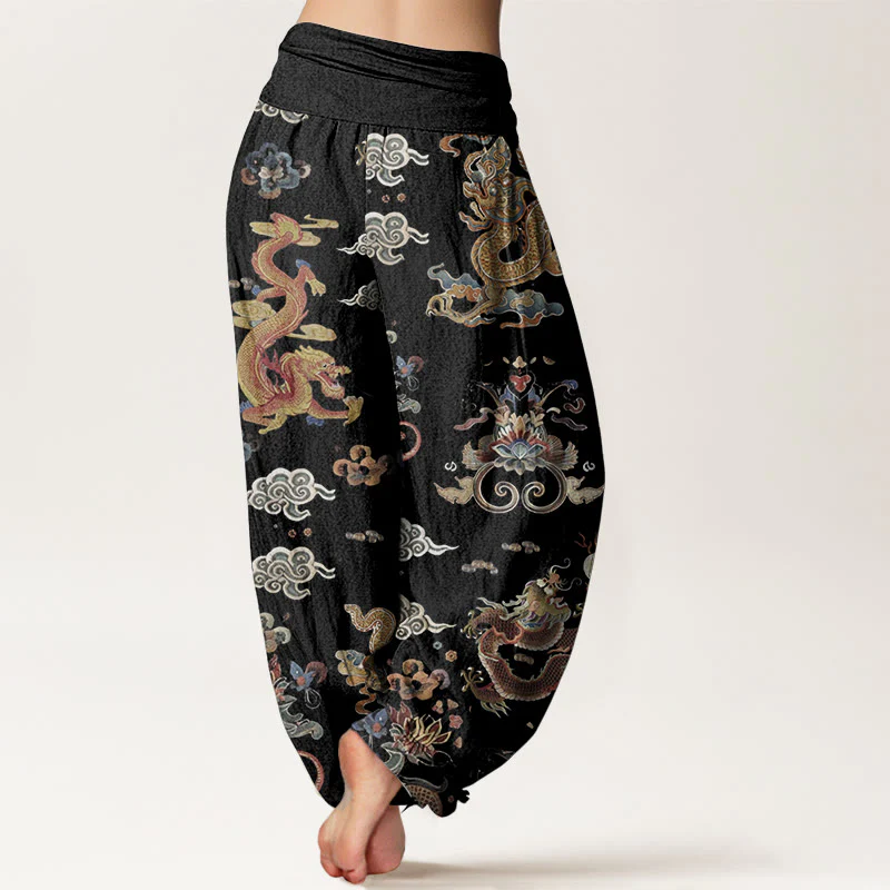Buddha Stones Pure Cotton Golden Dragons Auspicious Clouds Design Women's Elastic Waist Harem Pants