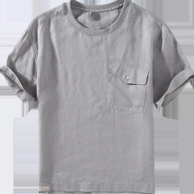 Buddha Stones Casual Simple Design Crew Neck Men's Short Sleeve Linen Shirt With Pocket