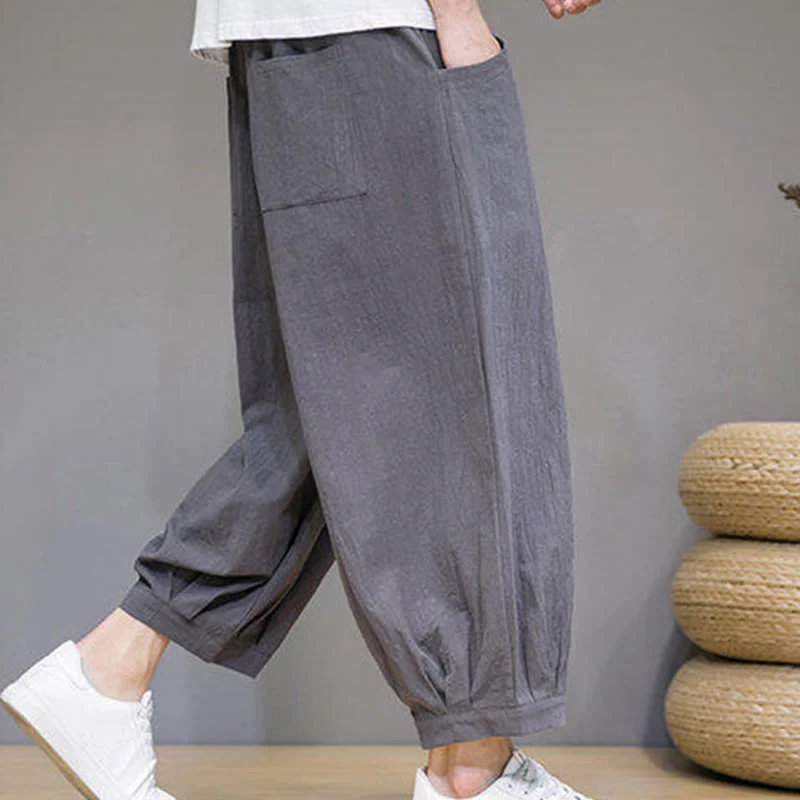 Buddha Stones Casual Plain Men's Cotton 7-8 Length Harem Pants With Pockets