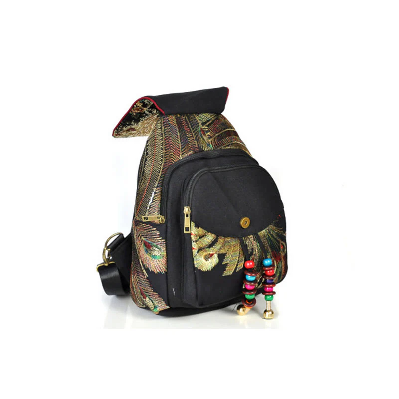 Buddha Stones Peacock Embroidery Canvas Tassel Backpack