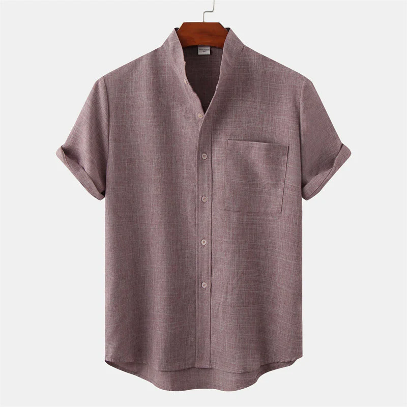 Buddha Stones Summer Men's Button Plain Short Sleeve Cotton Shirt With Pocket