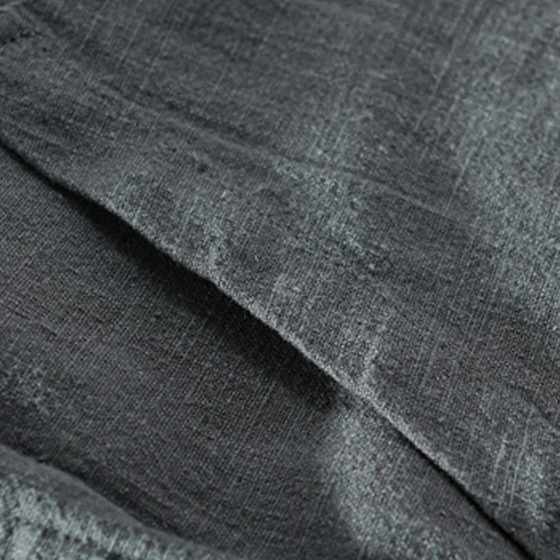 Buddha Stones Spring Daily Simple Buttons Design Stand Collar Men's Long Sleeve Cotton Linen Shirt With Pockets