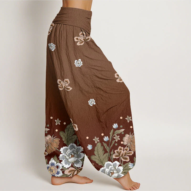 Buddha Stones Casual Blooming Flowers Pattern Women's Elastic Waist Harem Pants