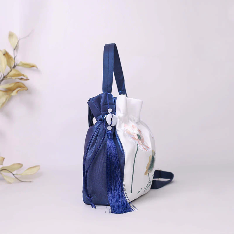 Buddha Stones Embroidered Lotus Koi Fish Crane Camellia Cotton Linen Tote Crossbody Bag Shoulder Bag Handbag