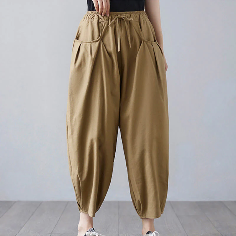 Buddha Stones Summer Plain Cropped Pants Women's Cotton Linen Harem Pants With Pockets