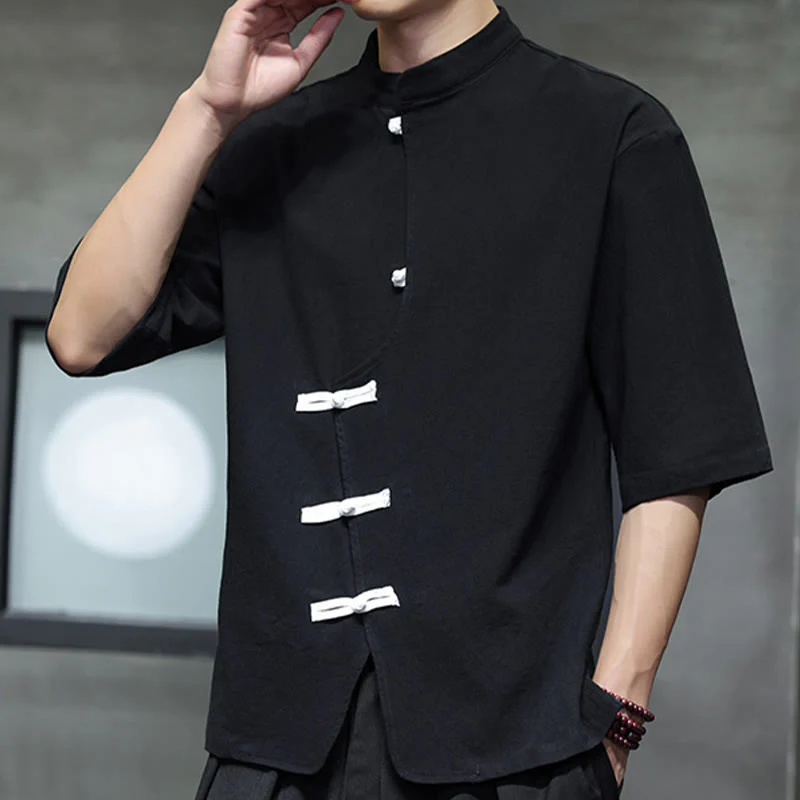 Buddha Stones Casual Plain Chinese Frog-Button Stand Collar Cotton Linen Men's Shirt