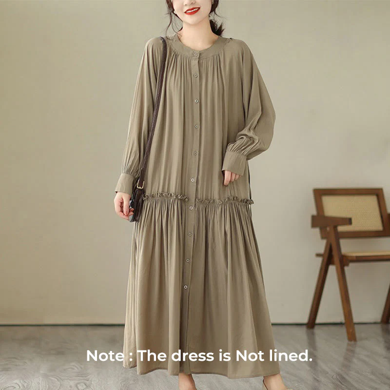 Buddha Stones Casual Plain Crew Neck Pleated Polyester Midi Dress With Pockets