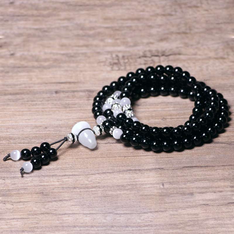 Buddha Stones Black Onyx White Crystal Bead Meditation Bracelet