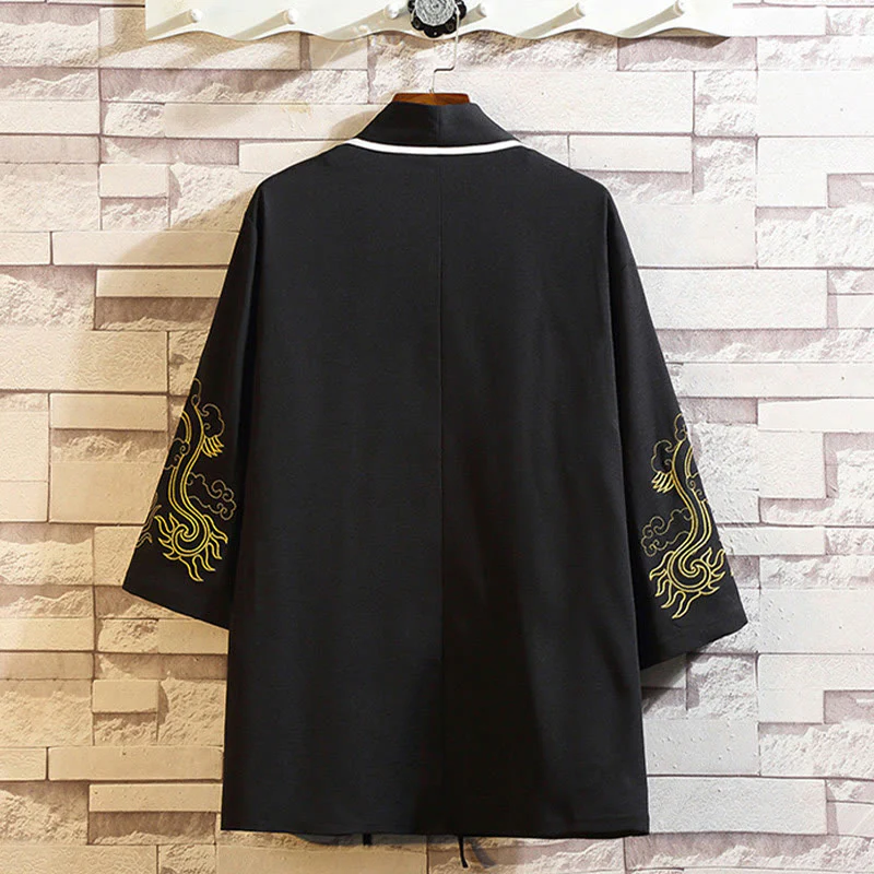 Buddha Stones Embroidery Dragon Phoenix Auspicious Cloud Waves Leaves Cranes Open Front Jacket Men's Kimono