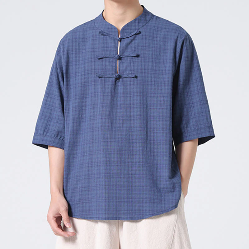 Buddha Stones Frog-Button Plaid Pattern Chinese Tang Suit Half Sleeve Shirt Cotton Linen Men Clothing