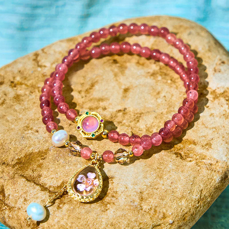 Buddha Stones Natural Strawberry Quartz Pearl Butterfly Water Drop Positive Double Wrap Bracelet